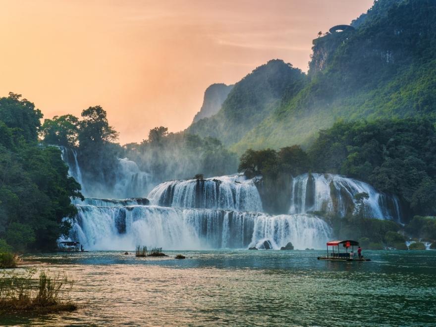 Ban Gioc Waterfall in Cao Bang in the dry season turquoise water